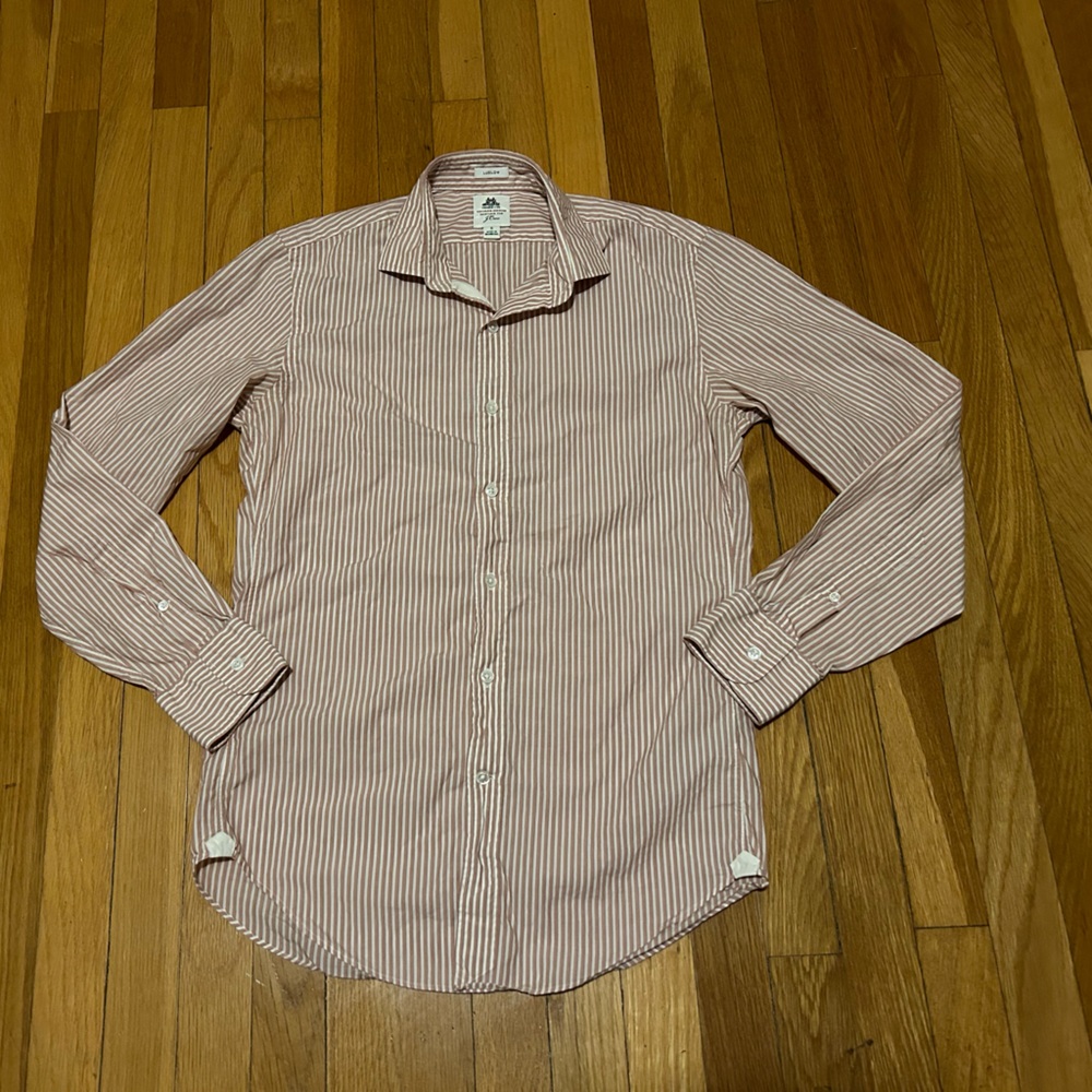 J. Crew Red and White Striped Button-Down Shirt, Men's Small